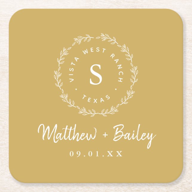 Rustic Wreath Wedding Monogram | Mustard Yellow Square Paper Coaster (Front)