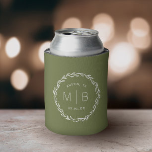Rustic Wreath Wedding Monogram   Olive Green Can Cooler