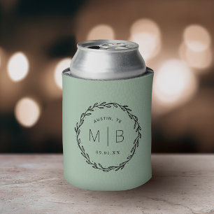 Rustic Wreath Wedding Monogram   Sage Can Cooler