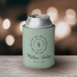 Rustic Wreath Wedding Monogram   Sage Can Cooler