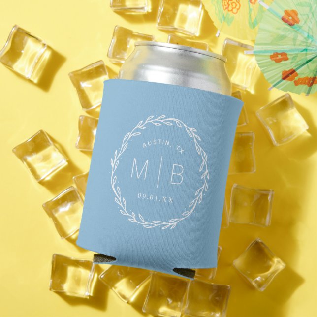 Rustic Wreath Wedding Monogram | Sky Blue Can Cooler (In Situ Summer)
