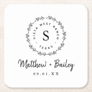 Rustic Wreath Wedding Monogram Square Paper Coaster