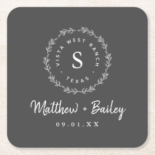 Rustic Wreath Wedding Monogram Square Paper Coaster