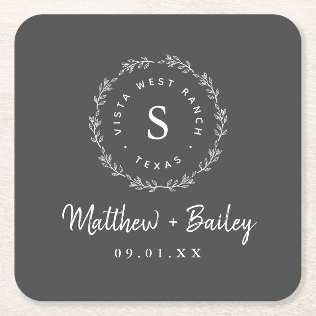 Rustic Wreath Wedding Monogram Square Paper Coaster (Front)