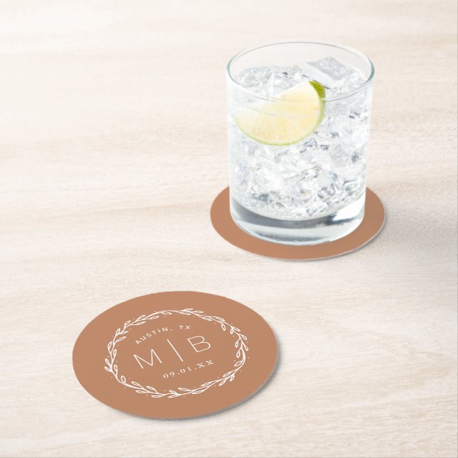 Rustic Wreath Wedding Monogram | Terra Cotta Round Paper Coaster (Insitu)