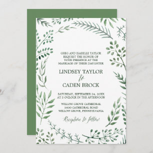 Rustic Wreath with Green Leaves Formal Wedding Invitation