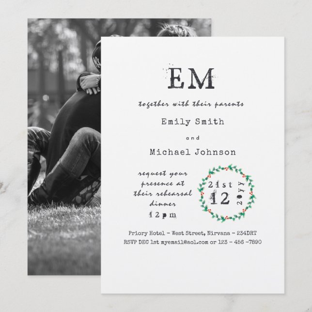 Rustic Xmas Rehearsal Dinner Invites ADD PHOTO (Front/Back)