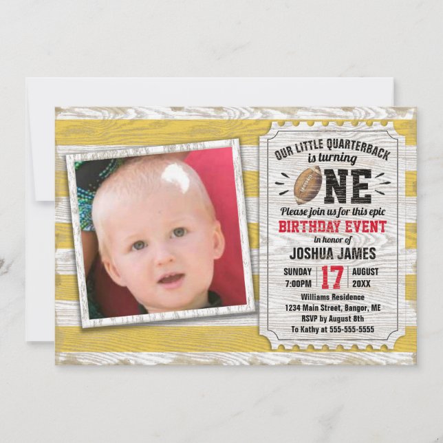 Rustic Yellow 1st Birthday Sports Football Photo Invitation (Front)