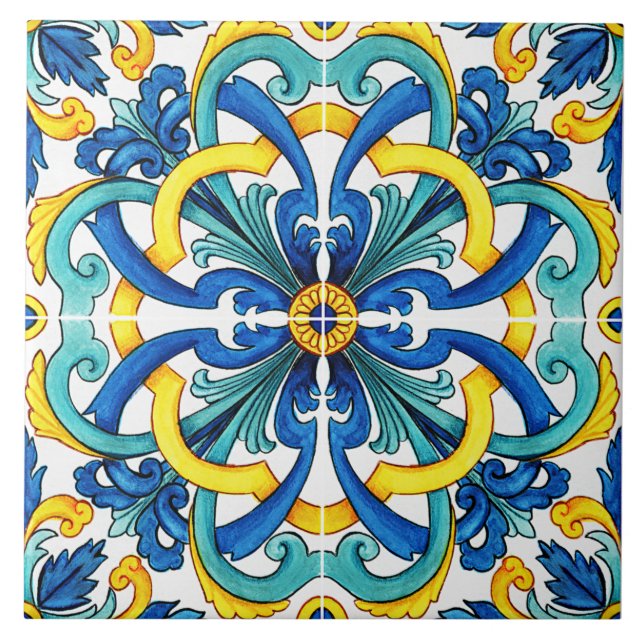 Rustic Yellow And Blue Mediterranean Tile (Front)