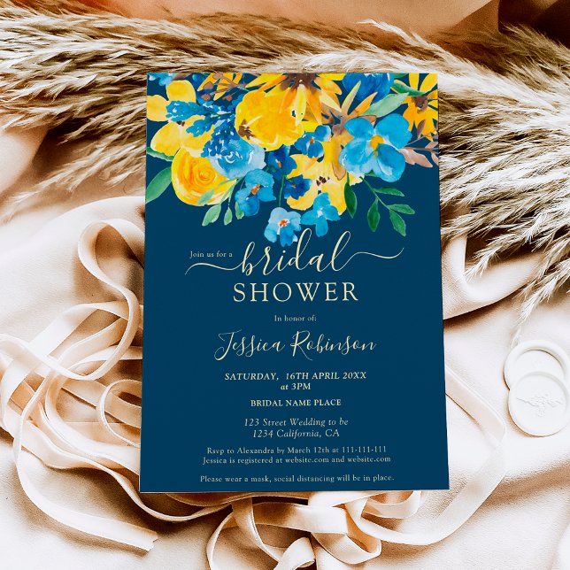 Rustic yellow blue floral watercolor bridal shower invitation (Creator Uploaded)