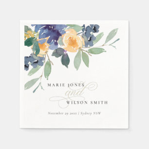 Rustic Yellow Blue Watercolor Floral Wedding Napkin