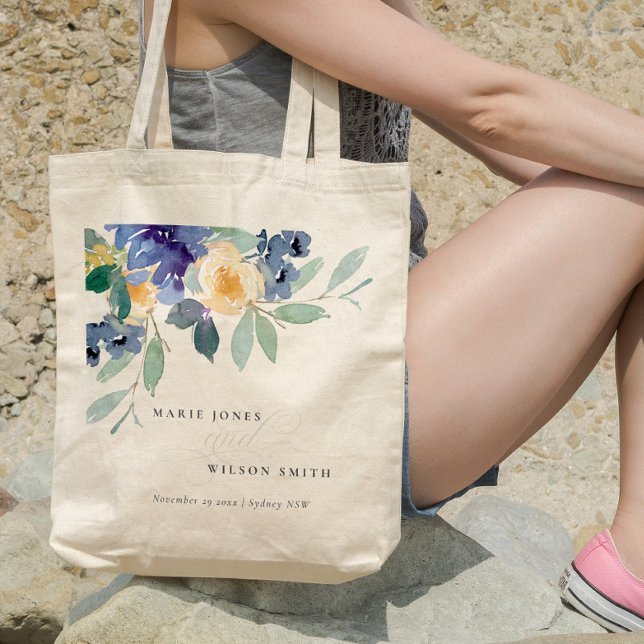Rustic Yellow Blue Watercolor Floral Wedding Tote Bag (Creator Uploaded)