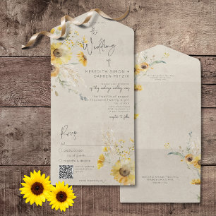 Rustic Yellow & Brown Summer Sunflower QR Code All In One Invitation