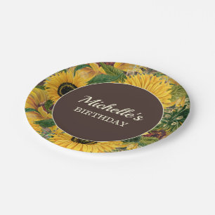 Rustic Yellow Brown Sunflowers Birthday Party Paper Plate