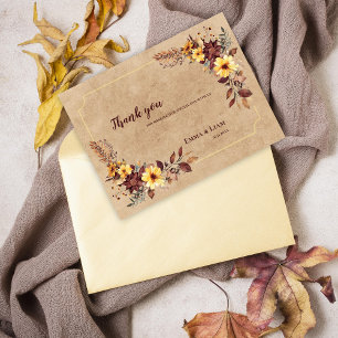 Rustic Yellow Burgundy Floral Wedding Thank You Postcard