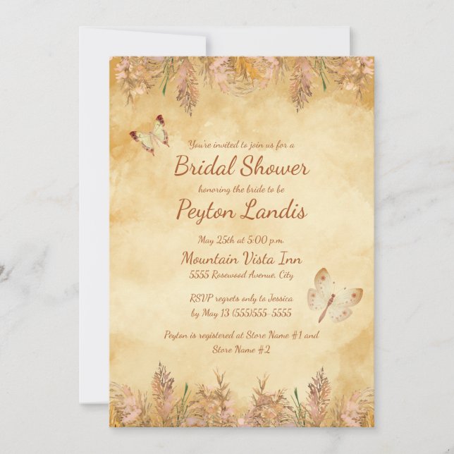 Rustic Yellow Butterflies Pampas Bridal Shower Invitation (Front)