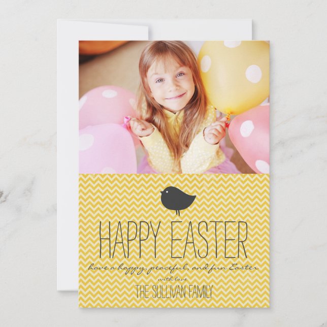 Rustic Yellow Chevron Photo Happy Easter Holiday Card (Front)