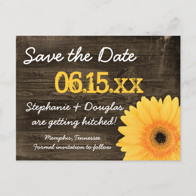 Rustic Yellow Daisy Wood Save The Date Postcards (Front)