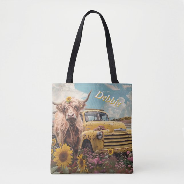 Rustic Yellow Farm Truck & Highland Cow Customise  Tote Bag (Front)