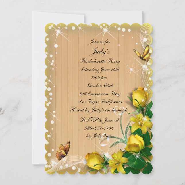 Rustic Yellow Floral Butterfly Bachelorette Party Invitation (Front)
