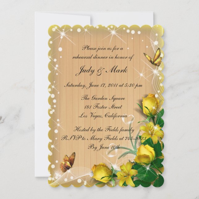 Rustic Yellow Floral Butterfly Rehearsal Dinner Invitation (Front)