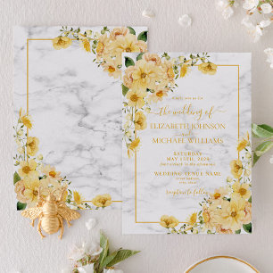 Rustic Yellow Floral Marble Script Wedding Invitation