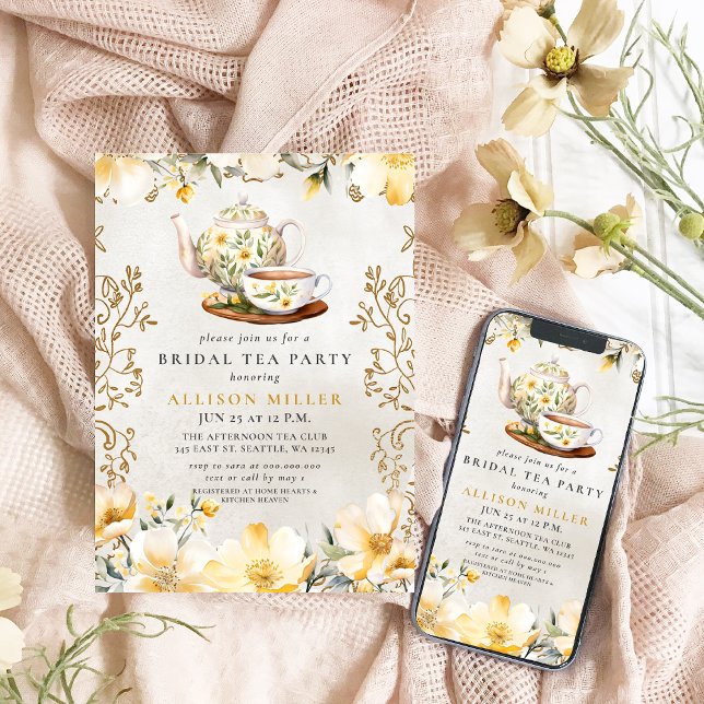 Rustic Yellow Floral Tea Party Bridal Shower  Invitation (Rustic Yellow Floral Tea Party Bridal Shower Invitation)