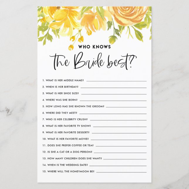 Rustic Yellow Floral Whi Knows the Bride Best Game (Front)