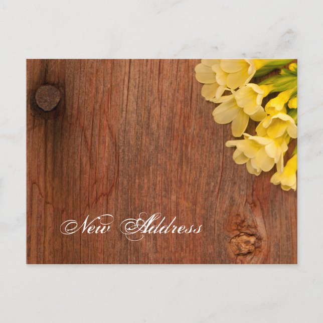 Rustic Yellow Flowers and Barn Wood New Address Announcement Postcard (Front)