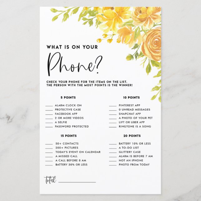 Rustic Yellow Flowers Bridal Shower Phone Game (Front)