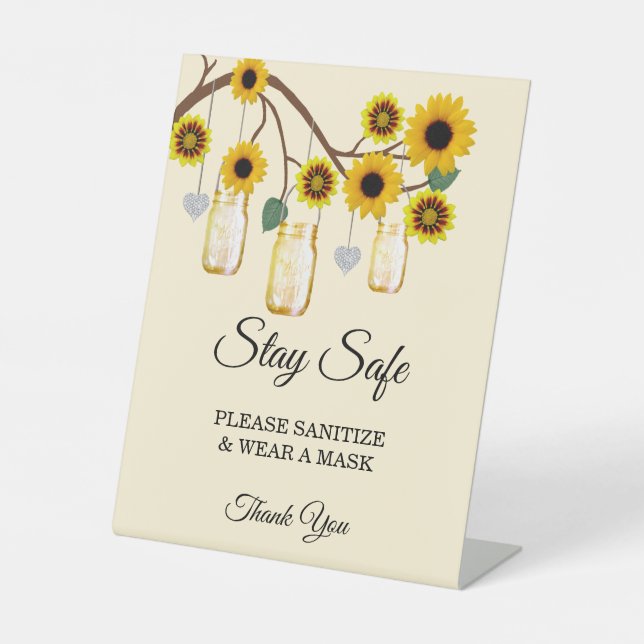 Rustic Yellow Flowers Mason Jar Wedding Safety Pedestal Sign (Front)