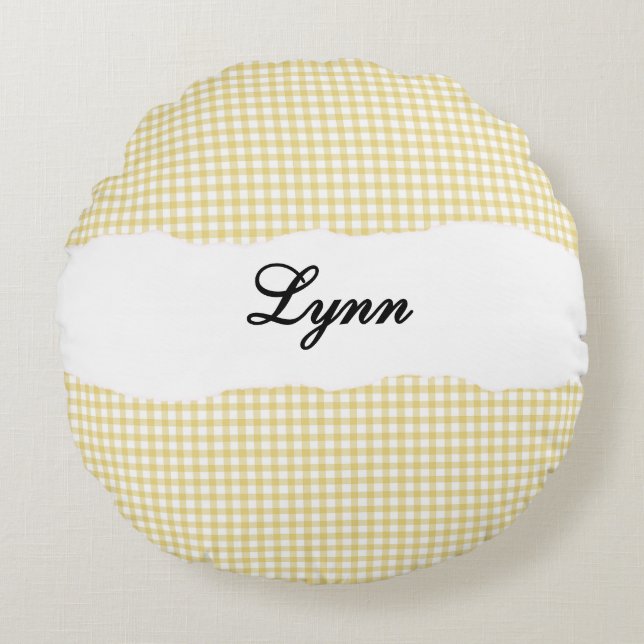 Rustic Yellow Gingham Personalized Name Round Cushion (Front)