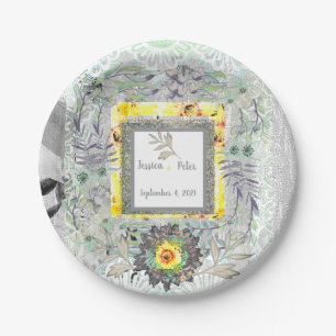 Rustic Yellow Gray Sunflower Wedding Paper Plate