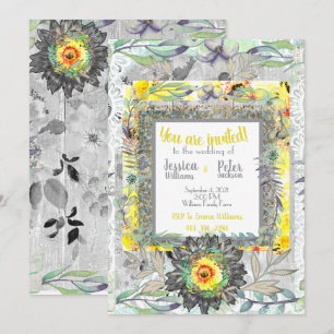 Rustic Yellow Grey Sunflower Wedding Invitation