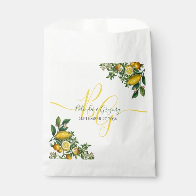 Rustic Yellow Lemon & Foliage Greenery Wedding  Favour Bags (Front)