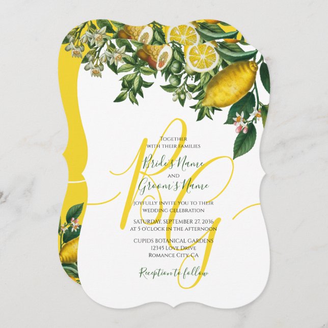 Rustic Yellow Lemon & Foliage Greenery Wedding Invitation (Front/Back)