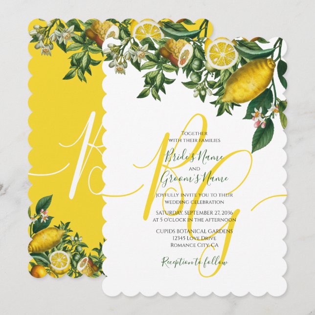 Rustic Yellow Lemon & Foliage Greenery Wedding Invitation (Front/Back)