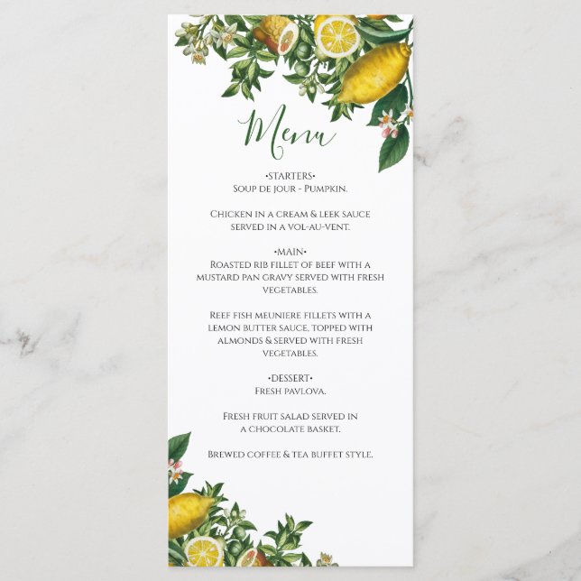 Rustic Yellow Lemon & Foliage Greenery Wedding Menu (Front)