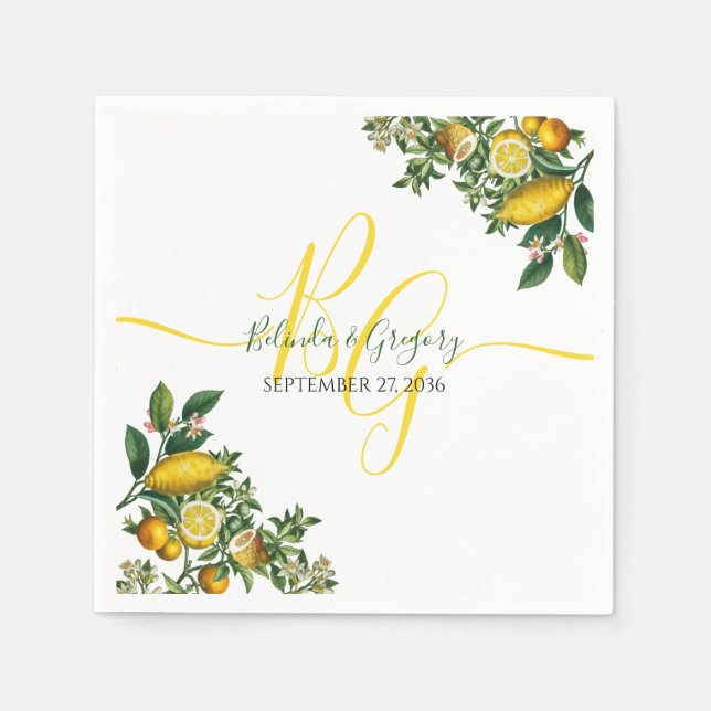 Rustic Yellow Lemon & Foliage Greenery Wedding Napkin (Front)