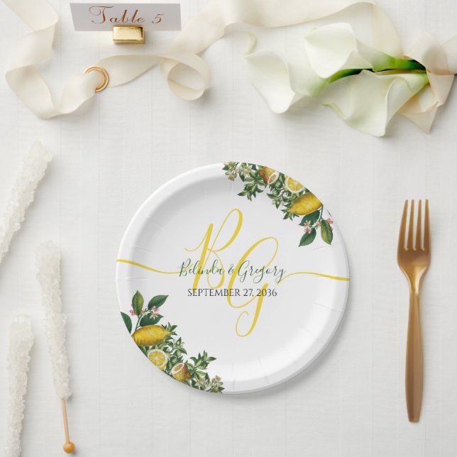 Rustic Yellow Lemon & Foliage Greenery Wedding Paper Plate (Wedding)