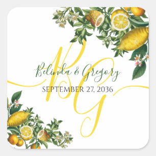 Rustic Yellow Lemon & Foliage Greenery Wedding Square Sticker