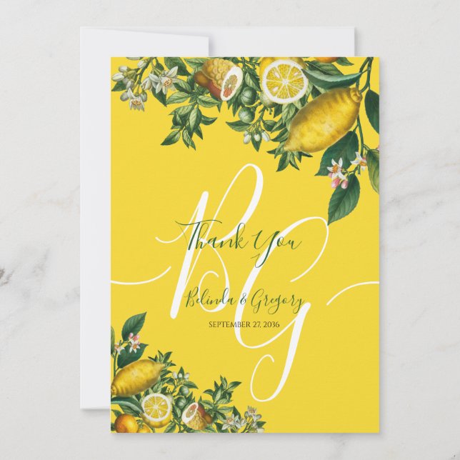 Rustic Yellow Lemon & Foliage Greenery Wedding Thank You Card (Back)