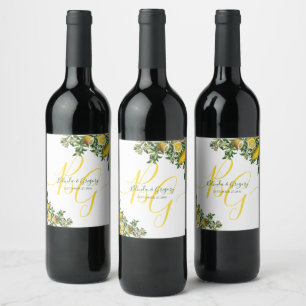 Rustic Yellow Lemon & Foliage Greenery Wedding Wine Label