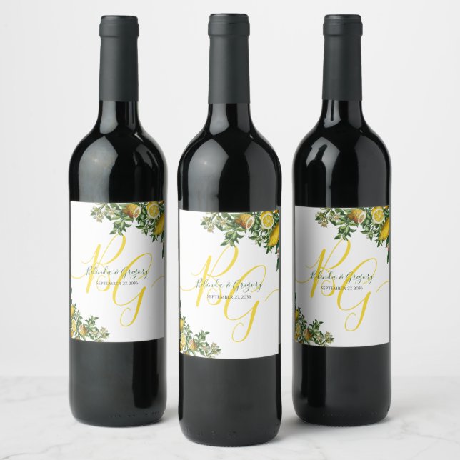 Rustic Yellow Lemon & Foliage Greenery Wedding Wine Label (Bottles)