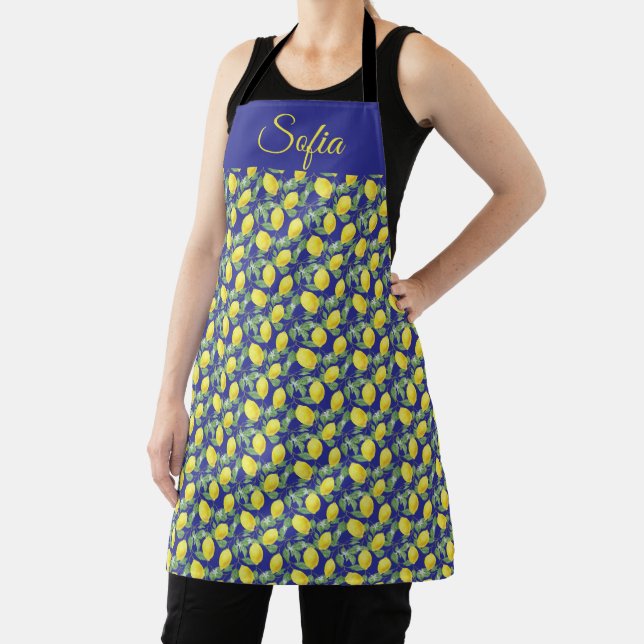 Rustic yellow lemon watercolor blue pattern apron (Insitu)