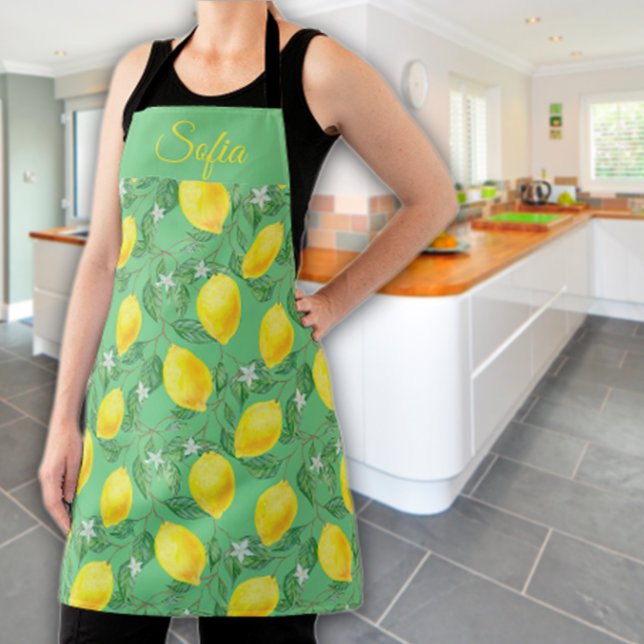 Rustic yellow lemon watercolor green pattern apron (Creator Uploaded)