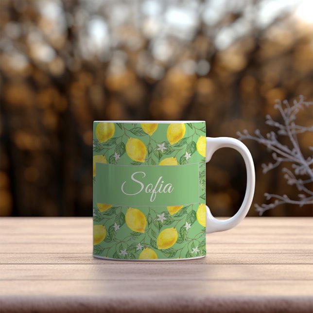 Rustic yellow lemon watercolor green pattern coffee mug (Creator Uploaded)