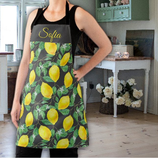 Rustic yellow lemon watercolor grey pattern apron (Creator Uploaded)