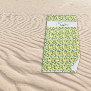 Rustic yellow lemon watercolor pattern name beach towel