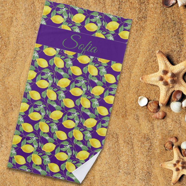 Rustic yellow lemon watercolor pattern purple beach towel (Creator Uploaded)